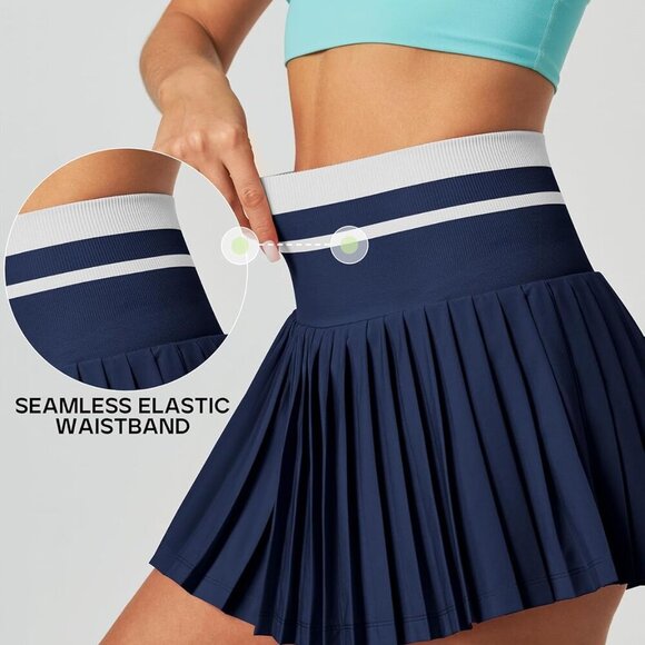 Navy women's high waisted pleated tennis skirt with pockets, UV protection, abov - Picture 3 of 5